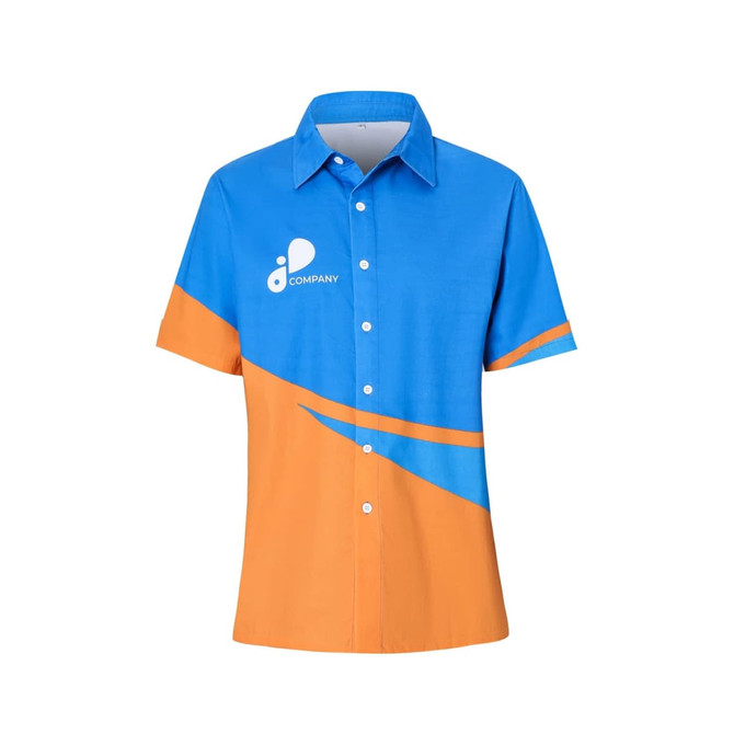 A short-sleeved shirt in blue and orange with a logo on the front. Made of 100% cotton.