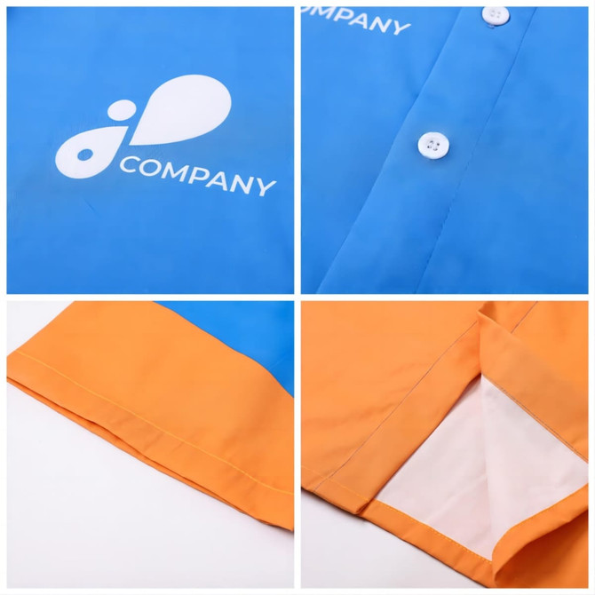 A women's shirt featuring blue and orange colours, with buttons and a logo on the front.