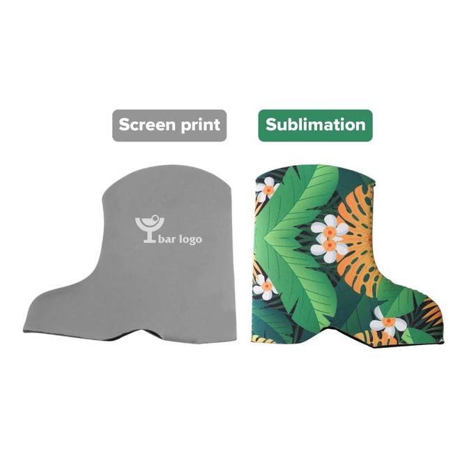 A drink bottle holder in the shape of a boot, featuring grey and colourful tropical designs, with branding visible.