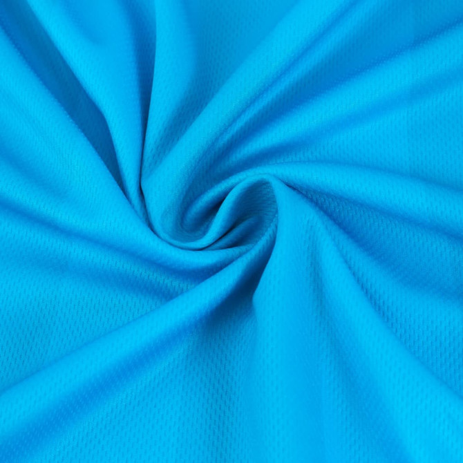 A close-up of a blue polyester fabric, showcasing a smooth texture with a spiral pattern. It has a subtle sheen.