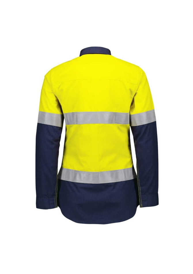 A lightweight ripstop shirt in bright yellow with navy sleeves and reflective tape. It features a branded logo.