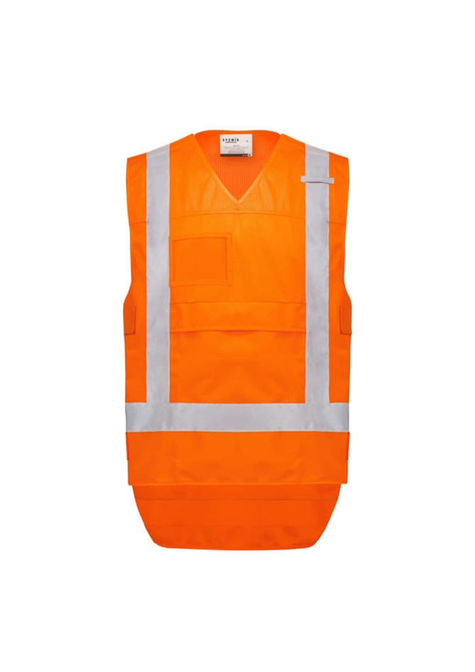 A high visibility orange unisex vest with reflective strips, featuring a front pocket and no sleeves.