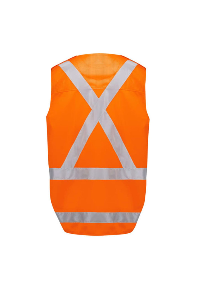 An orange unisex hi-visibility safety vest with reflective stripes. It has a logo or branding.