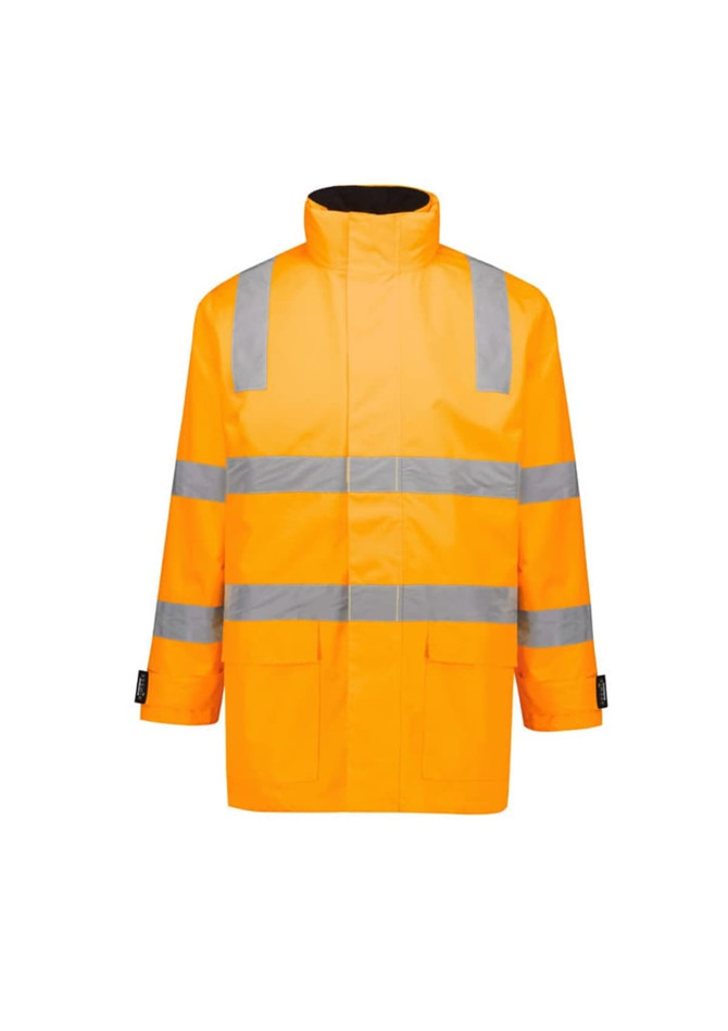 A waterproof unisex jacket in bright orange with reflective silver stripes and a high collar. It has two front pockets and a branding logo.