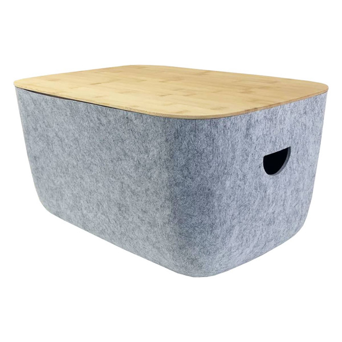 Ava Tub featuring a grey felt exterior and a smooth bamboo lid, designed for stylish storage solutions.