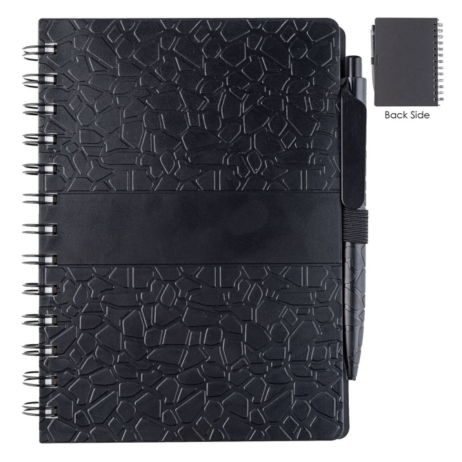 A black La Trobe Stone Paper Notebook featuring a textured cover and a pen attached, with a smaller notebook shown on the side.