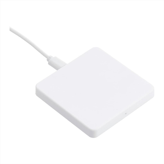 A square wireless charging pad in white with a connected cable. Features branding on the surface.