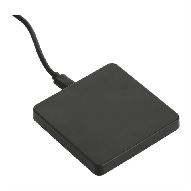 A square black wireless charging pad with a connected cable. It features a sleek, minimalist design.