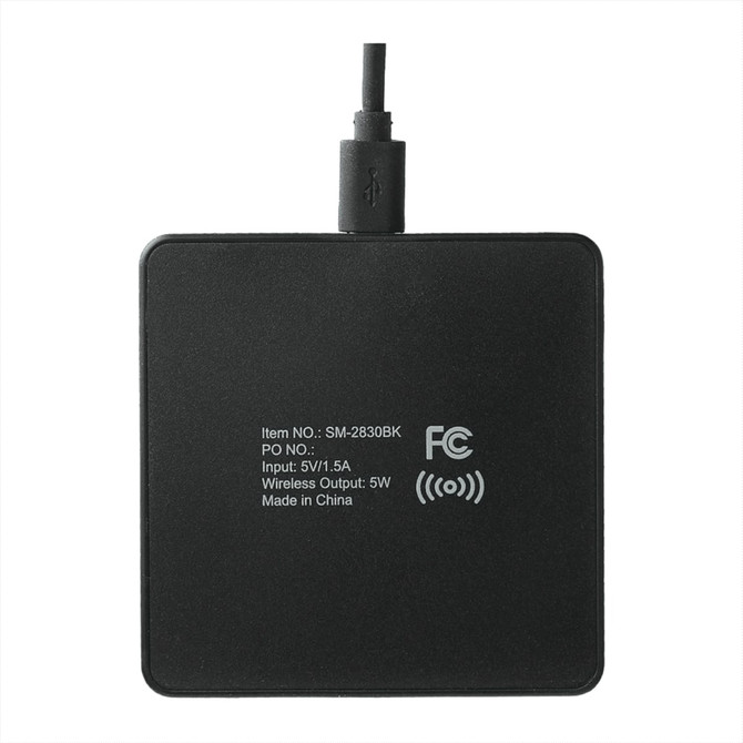 A square black wireless charging pad with a cable connected, featuring a logo and technical specifications.