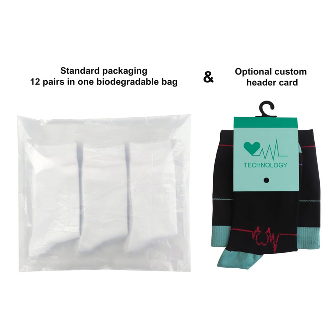 A biodegradable bag containing 12 pairs of black and teal plus size compression socks, with an optional header card.