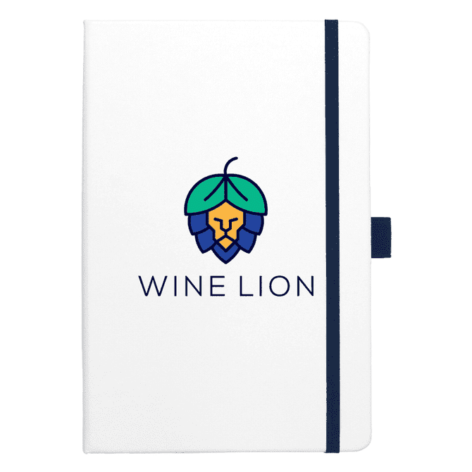 A white bound journal with a coloured logo featuring a lion and leaf design, secured with a blue elastic band.
