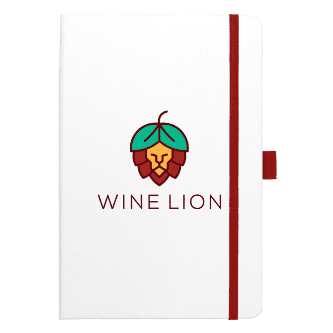 A white bound journal with coloured accents and a logo on the cover, featuring a lion design.