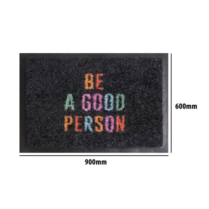 A black nylon logo mat featuring multi-coloured text. Measures 900mm by 600mm.