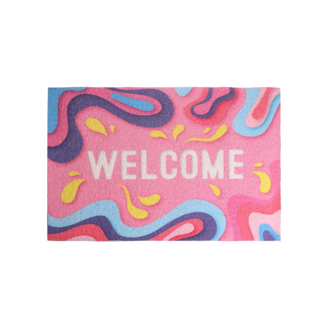 A pink floor mat featuring a colourful abstract design and a logo, with the word "WELCOME" prominently displayed.