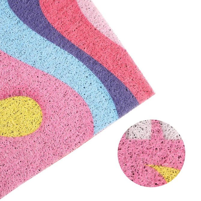 A colourful PVC Spiraloop Logo Mat featuring pink, blue, purple, and yellow wave patterns. Includes a detailed close-up section.