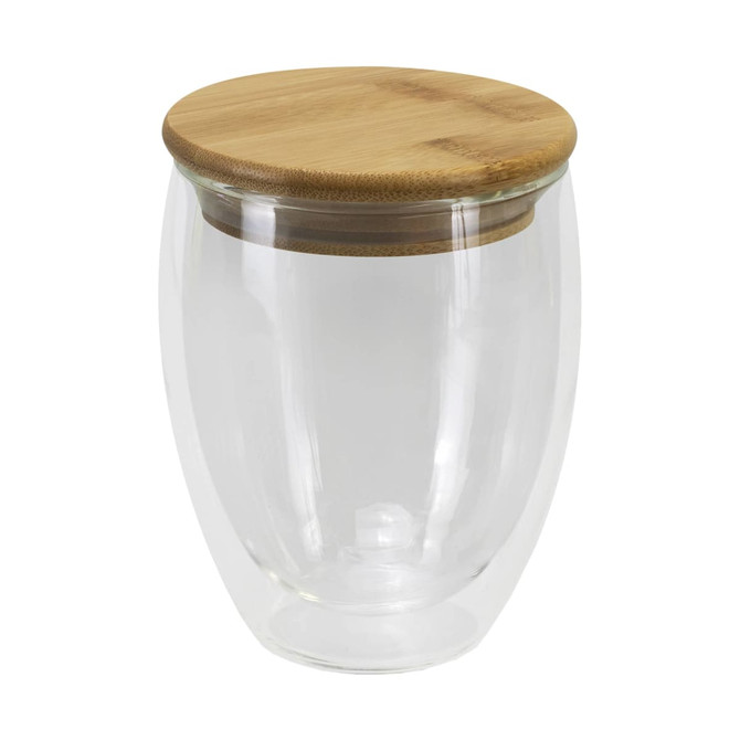 A drinkware product featuring a clear double wall glass cup with a bamboo lid, 350ml capacity.