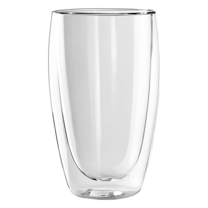 A drink bottle made of clear glass with a double wall design, featuring a sleek and modern shape.