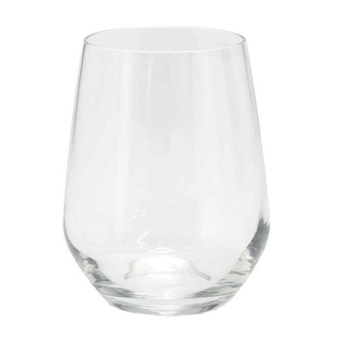 A stemless glass cup with a clear design, featuring a wide base and a tapered top. It has a subtle branding detail.