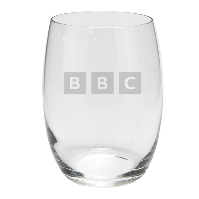 A clear glass wine cup with a curved design, featuring a subtly placed logo.