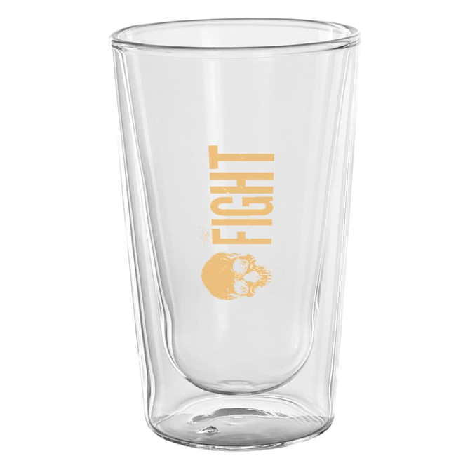 A double wall glass tumbler in clear glass, featuring a design with a skull and the word "FIGHT" in yellow.