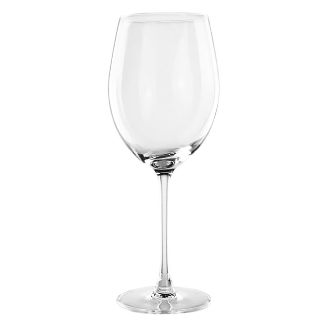 A clear, elegant wine glass with a wide bowl and long stem, suitable for serving various wines.