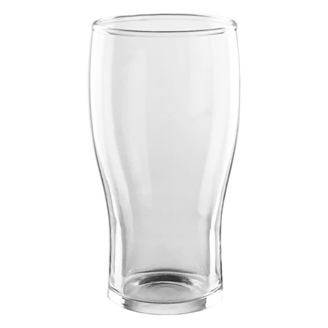 A transparent, curved glass beer tumbler with a smooth finish, designed for serving beverages.