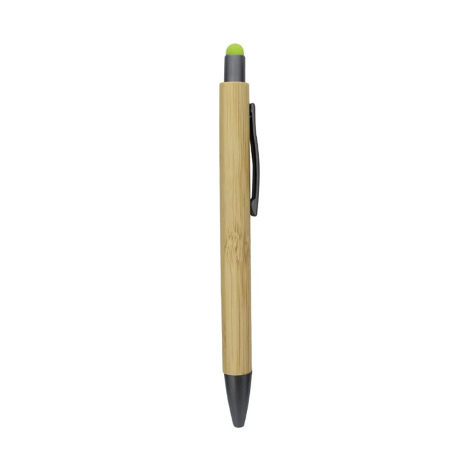 A bamboo pen featuring a green stylus tip and a black clip, with a sleek design and natural finish.