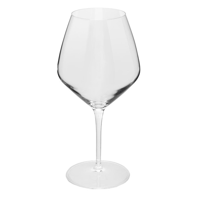 A clear, elegant wine glass with a tall stem and a wide bowl. It features a simple design and is suitable for various wines.