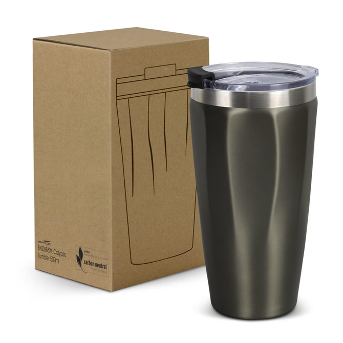 A drink bottle in matte olive green with a stainless steel lid, presented in a rectangular cardboard box.