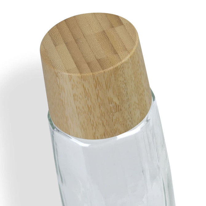 A drink bottle with a clear glass body and a bamboo lid, featuring a logo on the surface.