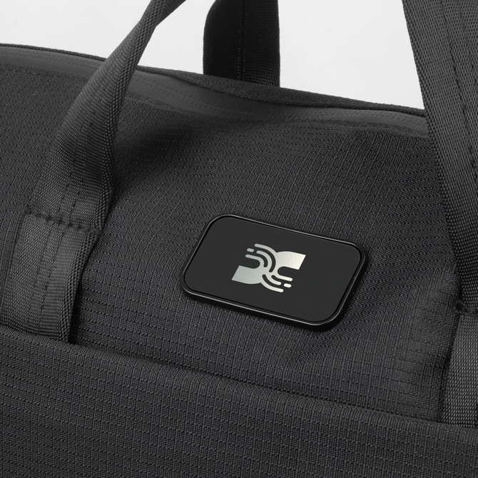 A black laptop bag featuring a textured surface and a subtle logo on the front.
