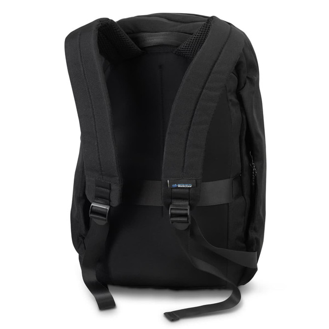 A black business backpack featuring padded shoulder straps and a sleek design. Includes a logo on the front.