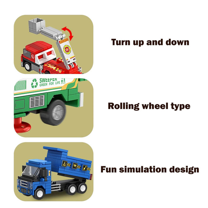 A set of colourful building blocks featuring various toy vehicles, including a fire truck, garbage truck, and more.