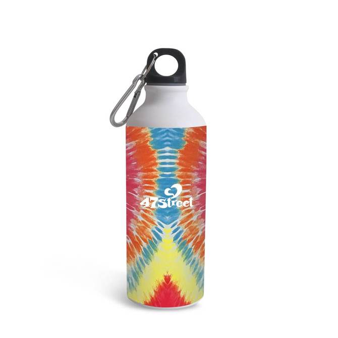 A drink bottle featuring a vibrant tie-dye pattern in red, blue, yellow, and orange, with a logo on the front.