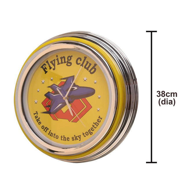 A round yellow wall clock with a silver rim, featuring a plane graphic and a flying club theme.
