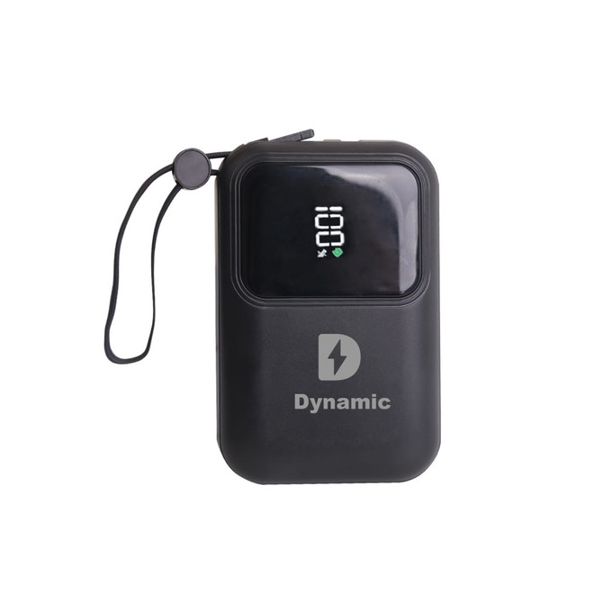 A black portable power bank with a digital display and a logo, featuring a strap for convenience. 