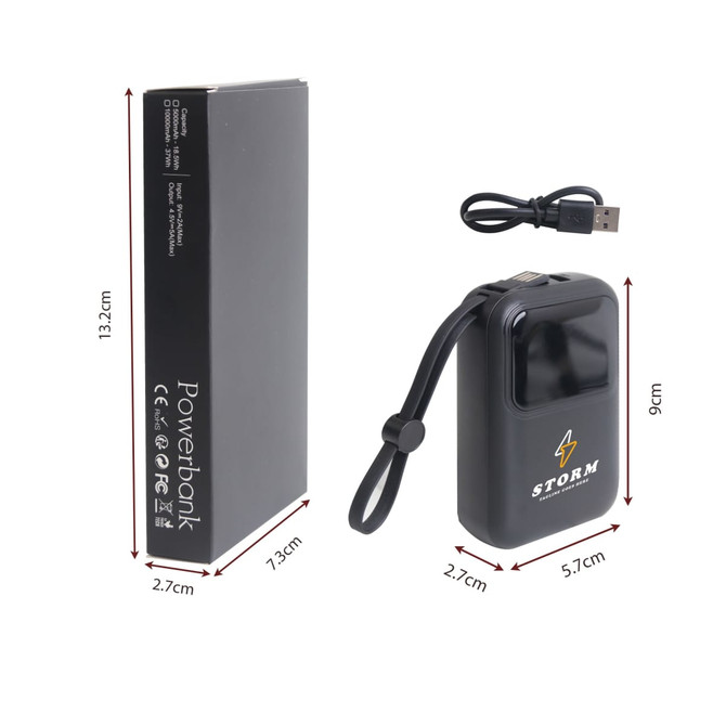 A black 10000mAh eco portable fast charging power bank, accompanied by a USB cable and featuring a logo.
