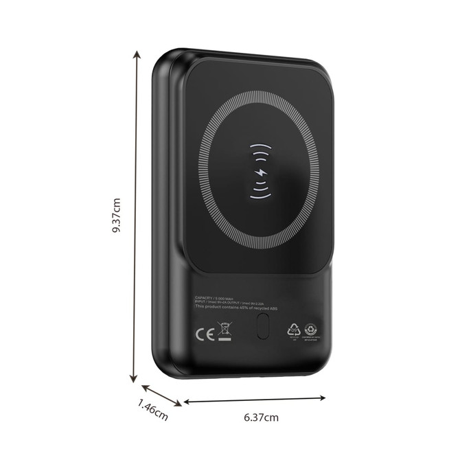 A black 5000mAh eco magnetic power bank with a circular design and an embedded logo. Dimensions included.