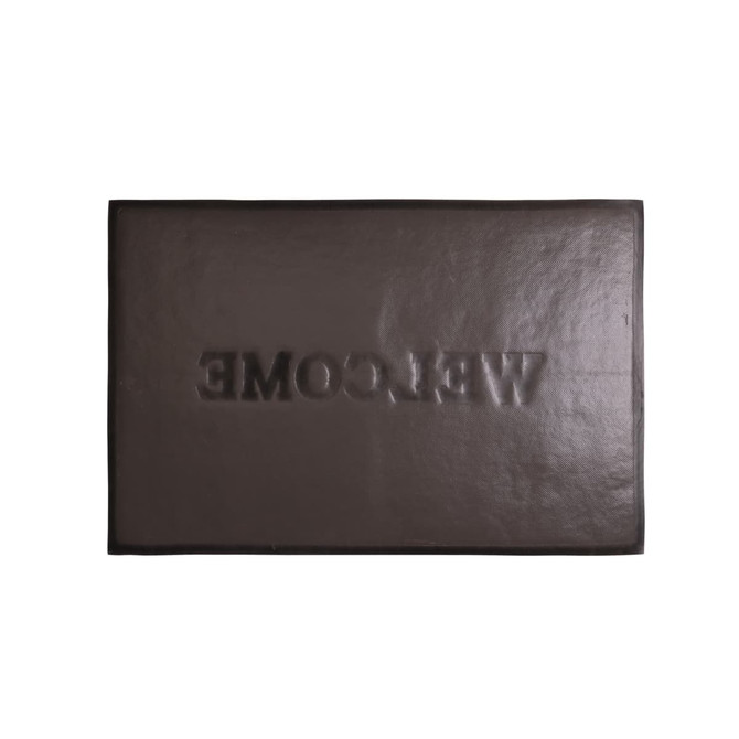 A rectangular brown floor mat with a debossed welcome logo and a smooth surface.