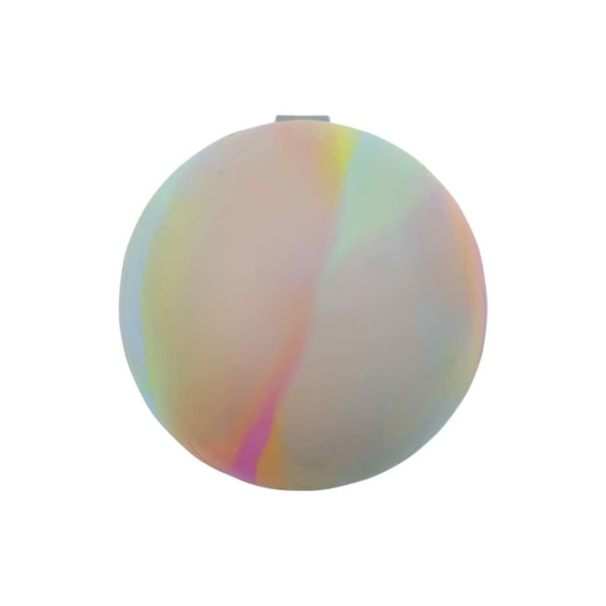 A translucent, multicoloured reusable water balloon with a smooth surface, featuring a logo on one side.