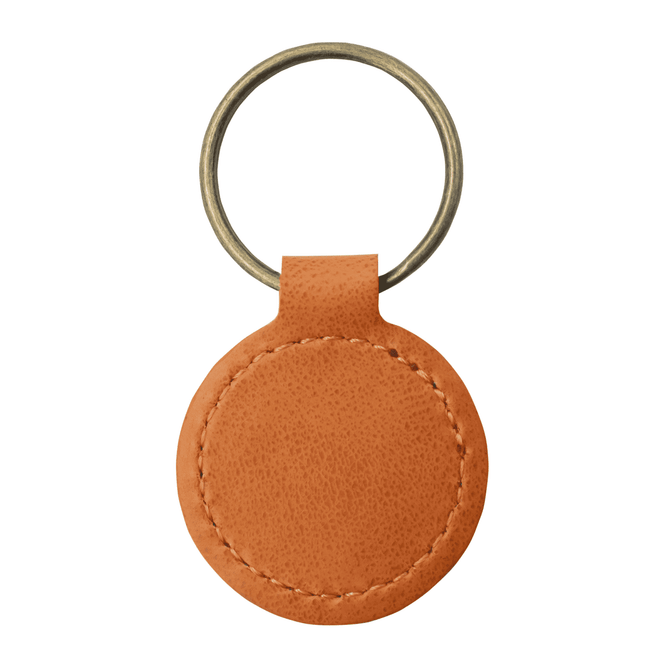 A round keyring made of tan recycled leather with a metal ring for attachment.