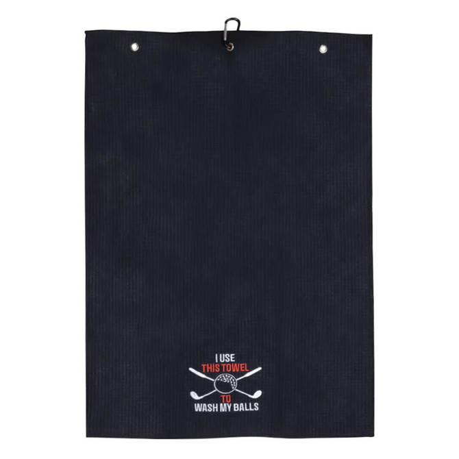 A dark navy golf towel with a loop for hanging, featuring a logo and humorous text.