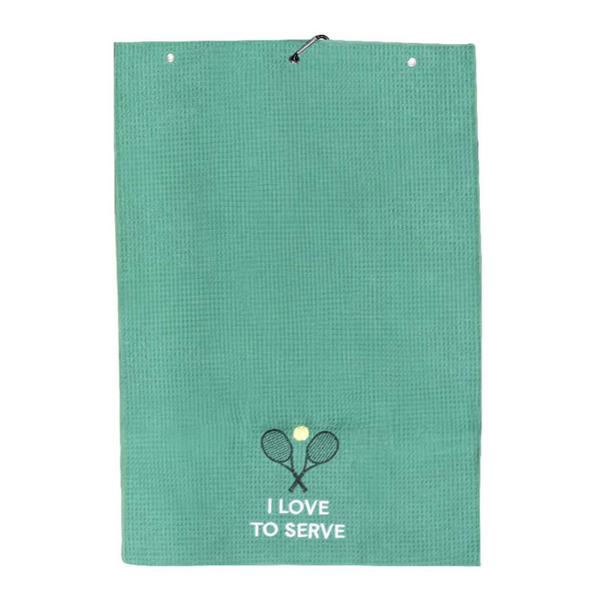 A green golf towel with a textured surface and a design featuring crossed racquets and a ball, along with the text.