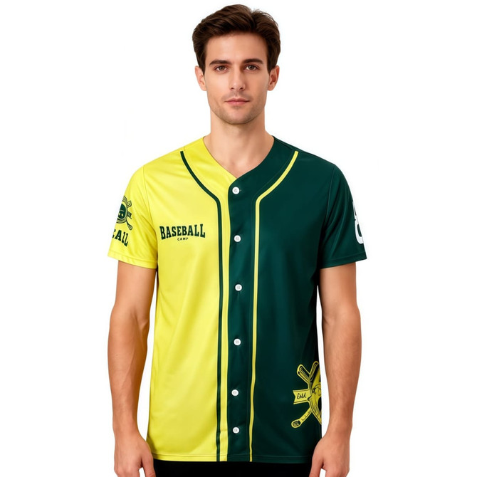 A men's full-button baseball jersey in yellow and green with a logo on the sleeve. Made from 100% polyester.