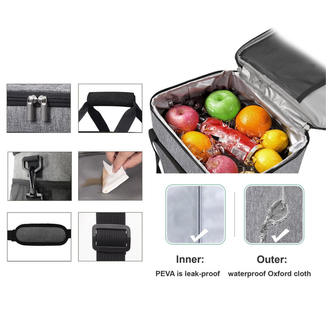 A grey cooler bag with a sturdy handle, filled with drinks and fresh fruit, featuring a waterproof exterior.