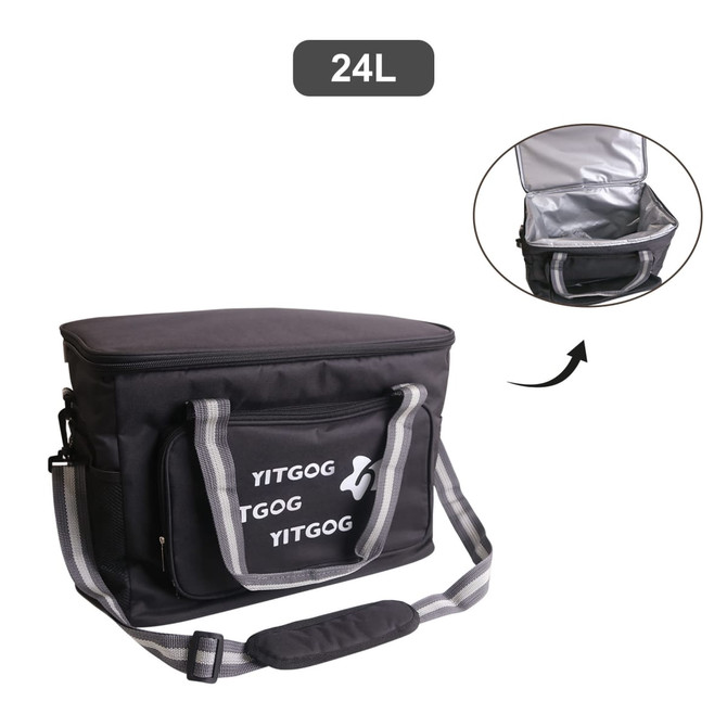 A 24L cooler bag in black with a grey strap and logo, featuring a zipped compartment and insulated interior.