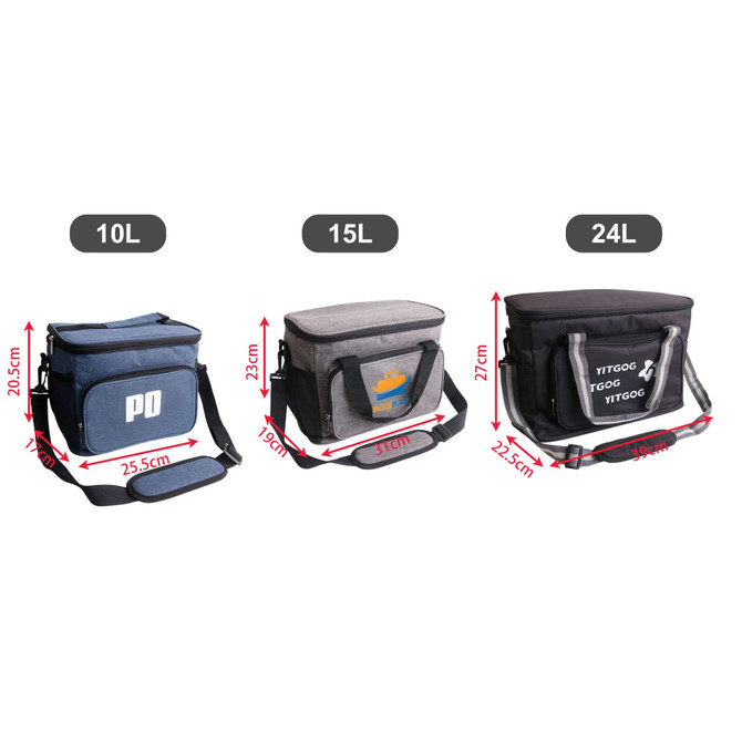 A range of cooler bags in blue, grey, and black, sized 10L, 15L, and 24L, each with a logo.