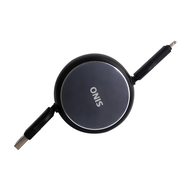 A retractable portable charging cable in black and grey, featuring dual connectors and a logo.