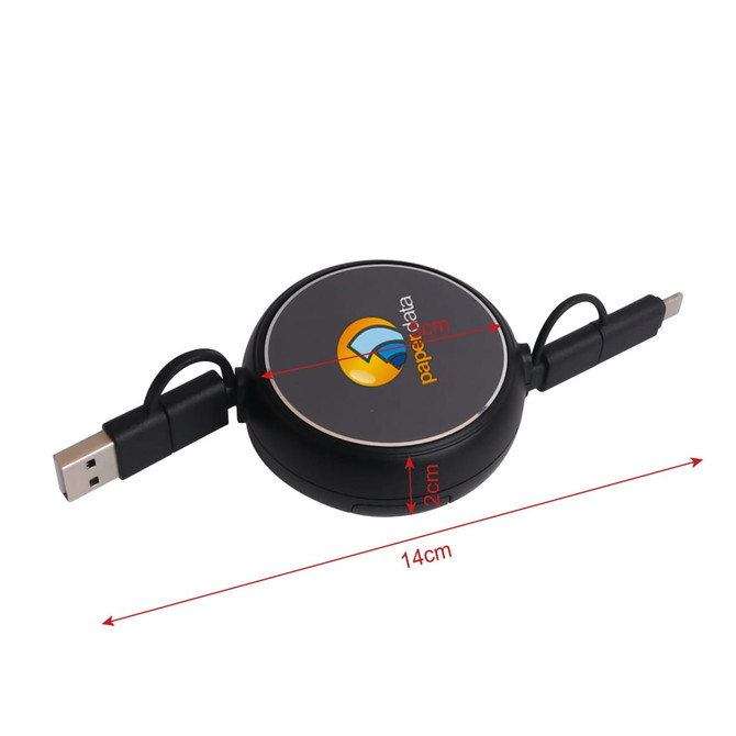 A retractable portable charging cable in black, featuring dual connectors and a logo on the circular casing.