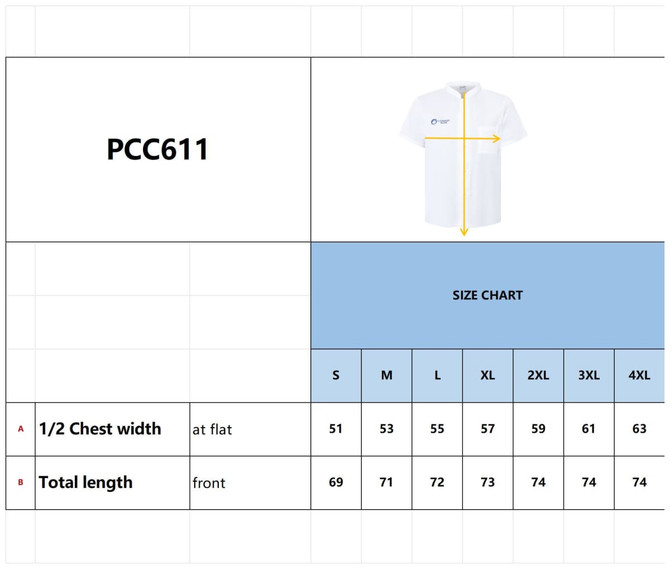 A white chef jacket featuring short sleeves and a single breasted design, with a size chart below it.